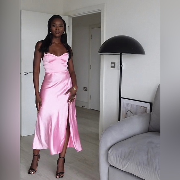 ZARA Bubblegum Pink Satin Effect Slit Strappy Back Embossed Cups Midi Dress $69. - Picture 10 of 17